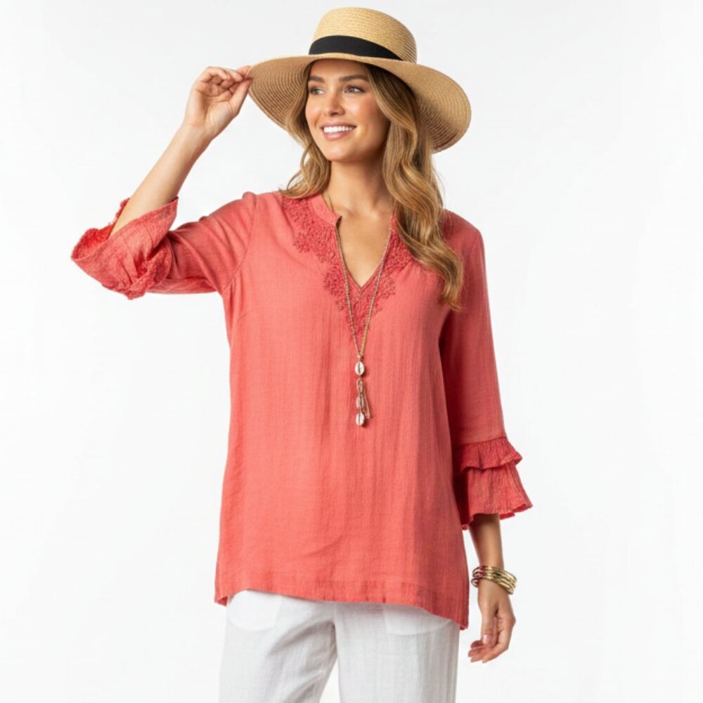 Soft‎ Surroundings Embroidered V-Neck Tunic Top Size M Lagenlook Coastal Sheer